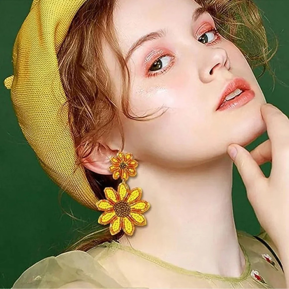 Zara SunFlower Beaded Drop Earrings - Picture 3 of 8